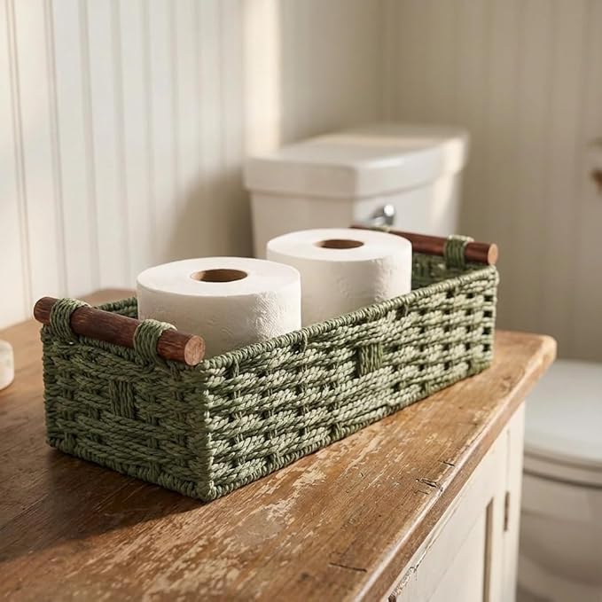 Back of Toilet Basket with Wood Handles, Green Wicker Toilet Paper Basket for Toilet Tank Top, Narrow Toilet Tank Basket, Bathroom Basket Organizer for Wipes & Essentials