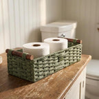 Back of Toilet Basket with Wood Handles, Green Wicker Toilet Paper Basket for Toilet Tank Top, Narrow Toilet Tank Basket, Bathroom Basket Organizer for Wipes & Essentials