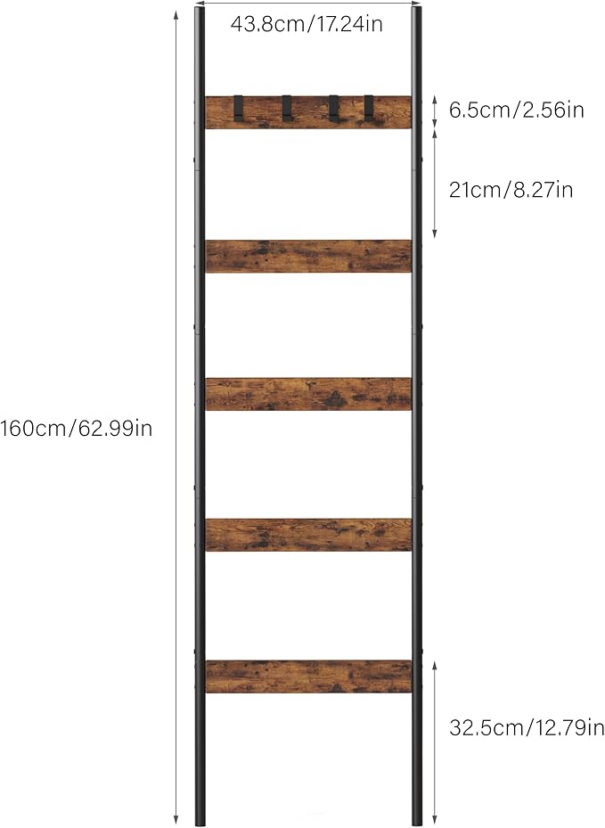Blanket Ladder, 5-Tier Towel Holder with 4 Removable Hooks, Farmhouse Wall Leaning Decorative Rack Shelf, Wooden Towel Display Rack, Quilt Ladder for Living Room, Bedroom, Rustic Brown