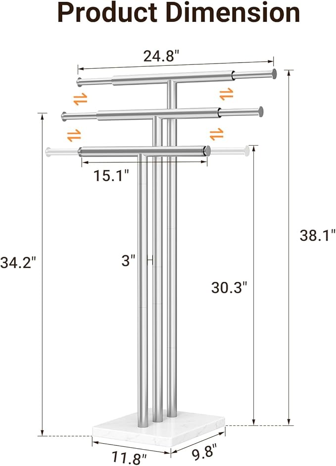 ELYKEN Standing Towel Racks for Bathroom, 3-Tier Floor Towel Holder Stand with Weighted Marble Base, Freestanding Bath Towel Rack, Width Adjustable & Stainless Steel Brushed Finish