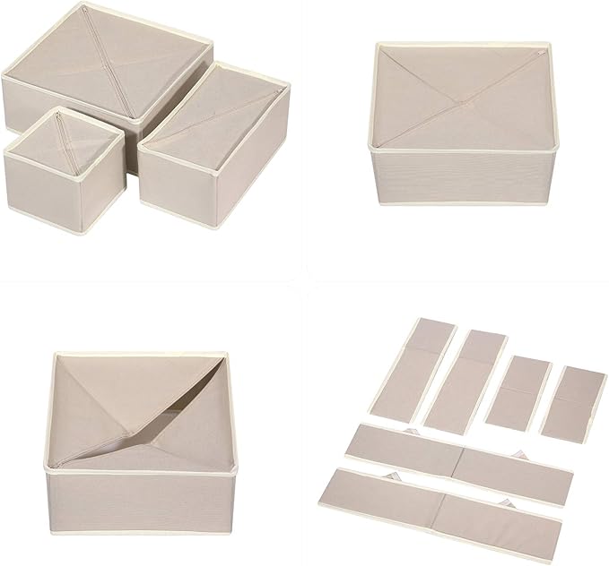 12 Pack Foldable Drawer Organizer Dividers Cloth Storage Box Closet Dresser Organizer Cube Fabric Containers Basket Bins for Underwear Bras Socks Panties Lingeries Nursery Baby Clothes Beige