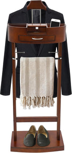 Suit Valet Stands, Wood Suit Rack with Drawer & Trouser Holder, Freestanding Clothing Valet Stand, Brown Suit Valet for Clothes, Hats, Bags