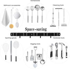 Black 5 Racks and 4 Hooks Mop and Broom Holder Wall Mount, Broom Organizer Storage Tool Racks Stainless Steel Heavy Duty Hooks Self Adhesive Solid Non-slip for Home Kitchen Garden Laundry Garage