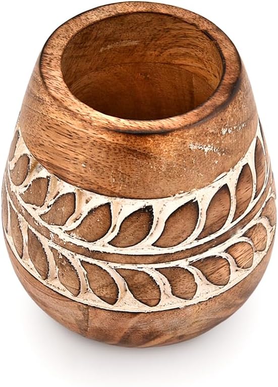 Kaizen Casa Utensil Crocks Mango Wood Floral Hand carving Utensils Vintage Kitchen Counter Decor-Dark Brown (4"x 4"x 5.5")