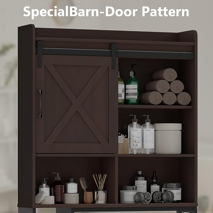 Over The Toilet Storage Cabinet, Farmhouse Storage Cabinet Over Toilet with Sliding Door & Toilet Paper Holder Stand，Home Space-Saving Toilet Rack, for Bathroom, Restroom, Laundry.Espresso