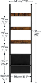 HOOBRO Blanket Ladder, 5 Tier Towel Rack, 17.3" L x 63" H, Wall-Leaning Blanket Rack for Living Room, Decorative Ladder with 4 Hooks and Magazine Pocket, Rustic Brown BF32CJ01