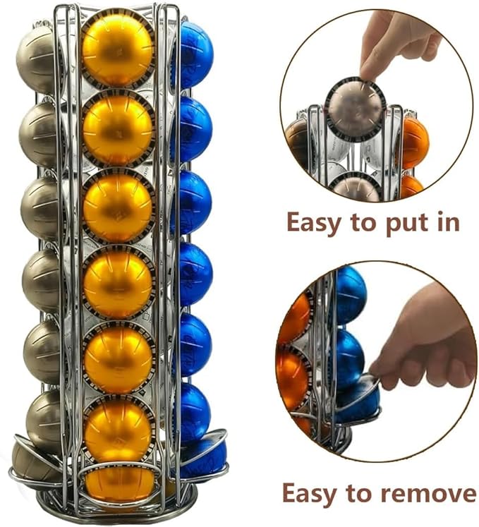 Miuly Coffee Capsule Holder For Nespresso Vertuoline, Coffee Capsule Stands Rotating Pod Rack holds 35 Nespresso Vertuo Pods, Silver