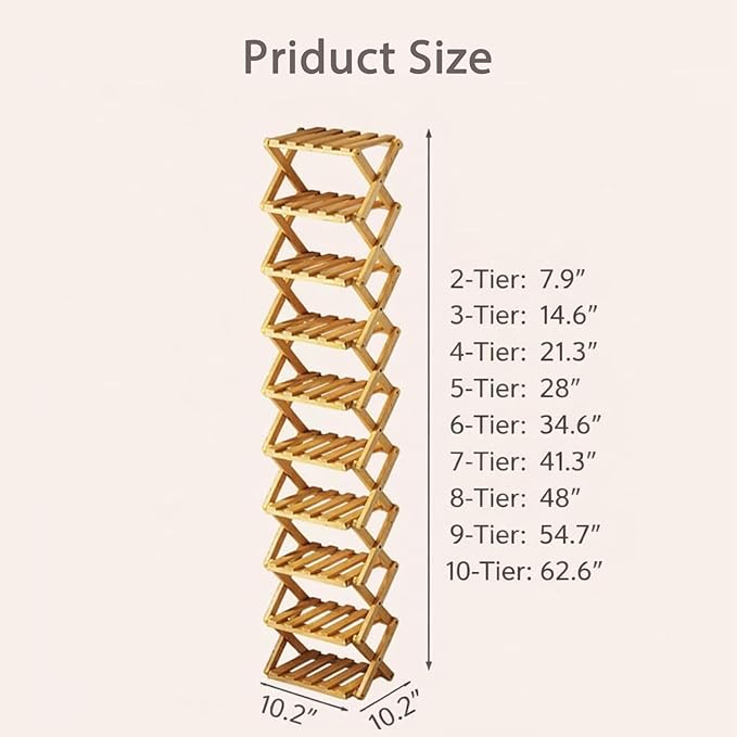 DDRIC The 9-Tier No-Assembly Bamboo Rack, Foldable 9 Tier Bamboo Shoe Rack with Collapsible Vertical Design, Space-Saving Shoe Storage Shelf for Entryway Closet Dorm, No-Tool Assembly (Brown,6)