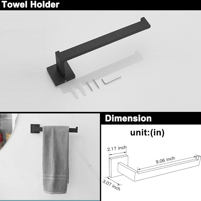 BWE 5 Pieces Matte Black Bathroom Hardware Set SUS304 Stainless Steel Include 21.9" Towel Bar,Hand Towel Holder,Toilet Paper Holder and 2 Robe Hook Square Bathroom Accessories Set Wall Mounted