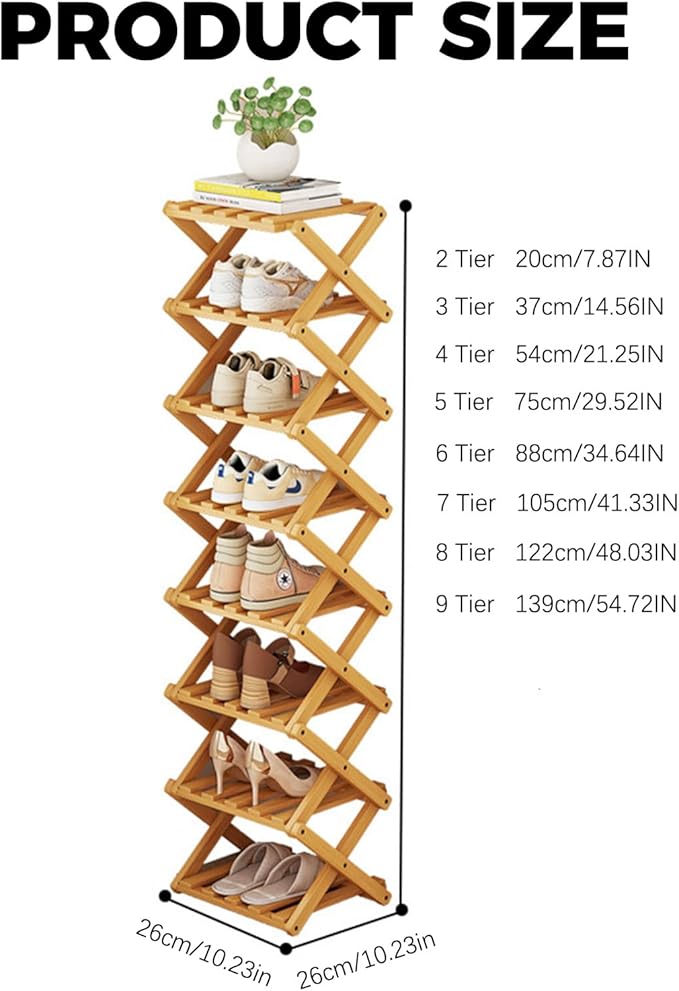 2/3/4/5/6/7/8/9 Tier Bamboo Shoe Rack - Foldable,No Installation Needed,Space-Saving Multi-Tier Storage for Indoor & Balcony Use (Brown,9 Layers)