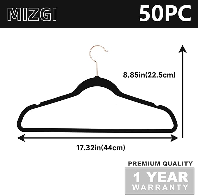MIZGI Premium Velvet Hangers (50 Pack) Heavy Duty - Non Slip Felt Hangers - Velvet Suit Hanger Black - Rose Gold Hooks,Space Saving Clothes Hanger