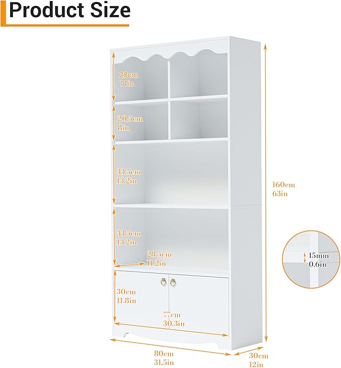 CABIHOME 63" Tall Bookshelf with Cabinet, 5-Tier Wood Bookcase with Wave Top, 6 Cubes & 2 Door Cabinets, Modern Display Storage Shelves with Gold Handles for Living Room, Bedroom & Home Office, White