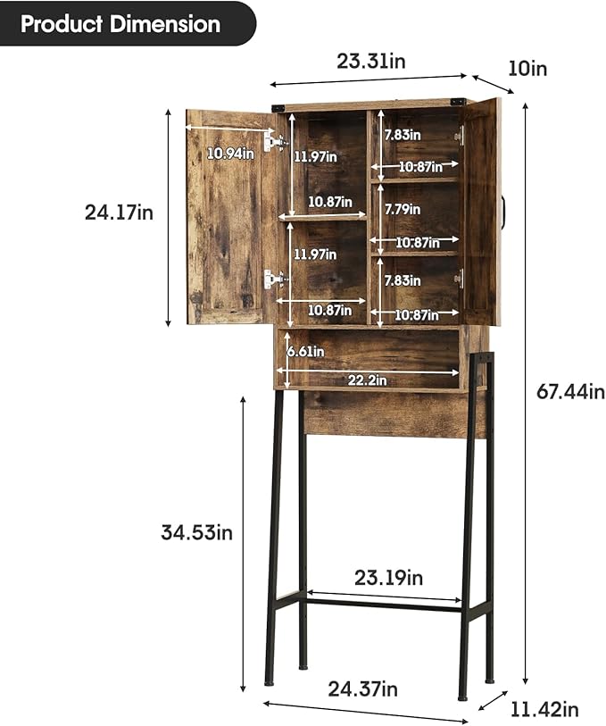 Vabches Over The Toilet Storage Cabinet with 2-Door Design Bathroom Organizers and Storage with Anti-Tip Device Over Toilet Organizer with Shelves for Bathroom,Restroom,Laundry Brown