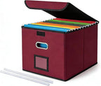 CADONO File Organizer Box with Lid, Large Hanging File Folder Organizer with Plastic Slide, Collapsible Portable Filing Storage Boxes for Office/Decor/Home (Wine Red, 14.9 x 12.59 x 10.8 inch)