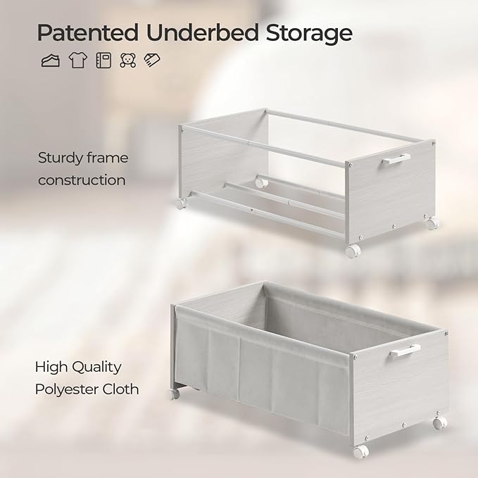 Under Bed Storage with Wheels, Wooden Under Bed Drawers On Wheels, Rolling Under Bed Shoe Storage, Space Saving,White,Quadruple Size,90L