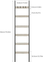 Blanket Ladder, 6-Tier Towel Holder with 4 Removable Hooks, Farmhouse Wall Leaning Decorative Rack Shelf, Wooden Towel Display Rack, Quilt Ladder for Living Room, Bedroom, Greige