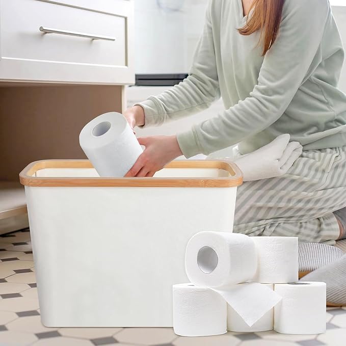 Toilet Paper Storage Cabinet with Bamboo Lid, Holds Up to 12 Rolls, Waterproof Lightweight Toilet Roll Organizer with 3-Minute Assembly, Spacious Bathroom Storage Bin for Toiletries (White)