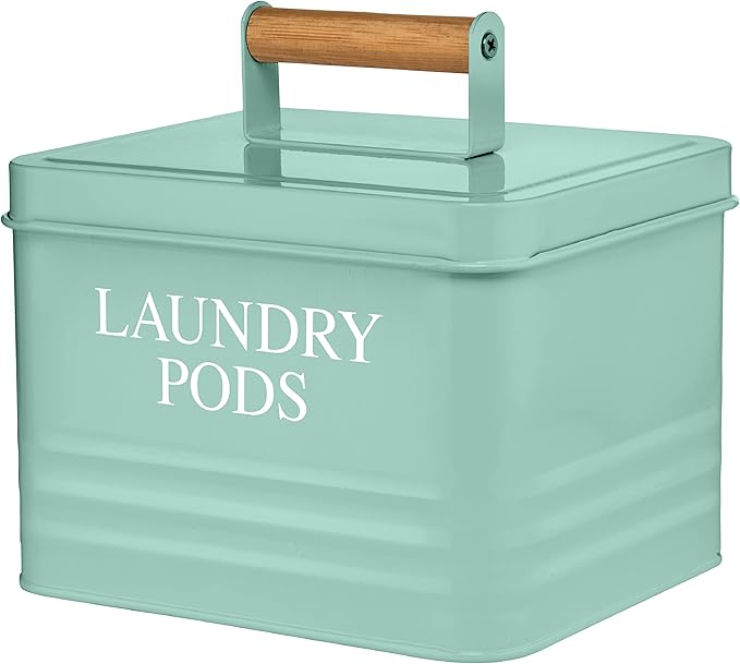 Calindiana Modern Farmhouse Metal Laundry Pods Holder Container with Lid for Laundry Room Decor and Accessories and Space Saving Organization and Storage, Holds 81 Laundry Pods, Mint