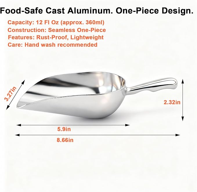 12 OZ Cast Aluminum Utility Scoop, One-Piece Solid Ice Scoop for Ice Bucket, Bar, Kitchen, Multipurpose Food Scooper for Flour, Sugar, Popcorn, Dog Food (Silver) (12OZ)