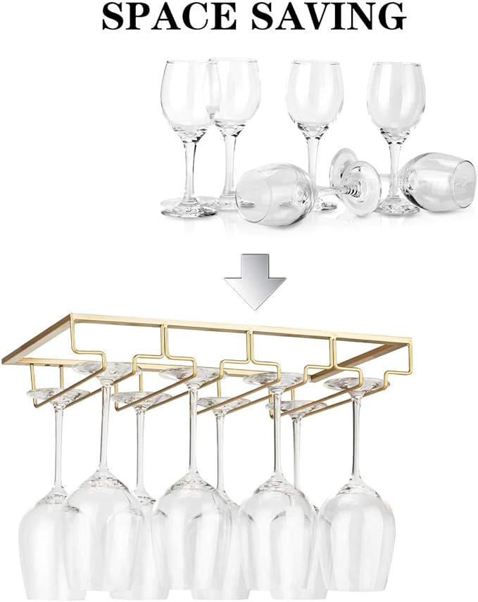 Wine Glass Rack - Under Cabinet Stemware Wine Glass Holder Glasses Storage Hanger 2 Pack Metal Organizer for Bar Kitchen 4 Rows Gold