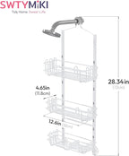 SWTYMIKI Shower Caddy Hanging Organizer - 3-Tier Rustproof Shower Organizer Over Showerhead with Adjustable Baskets, 24 Hooks, Soap & Razor Holder - No Drill Large Bathroom Storage Rack, White