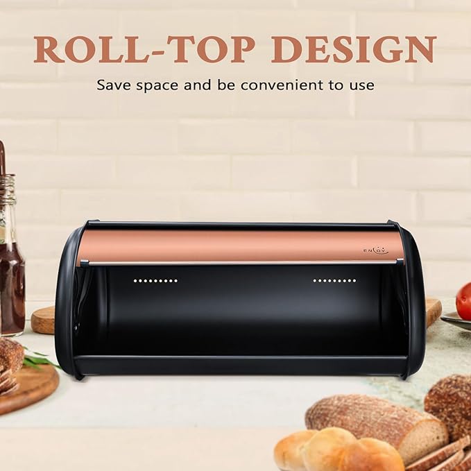 ENLOY Bread Box for Kitchen Countertop, Stainless Steel Bread Storage Bin for Kitchen with Roll Up Lid, Large Capacity Bread Keeper Holds Large Loaves of Bread (Rose Gold) 17 x 11 x 7 IN