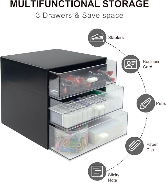 Desk Organizer with Drawer, Desk Storage Box, Plastic Office Stationery Supplies Organizers, Desktop Organizer for Office School Home (3 drawer, Black)