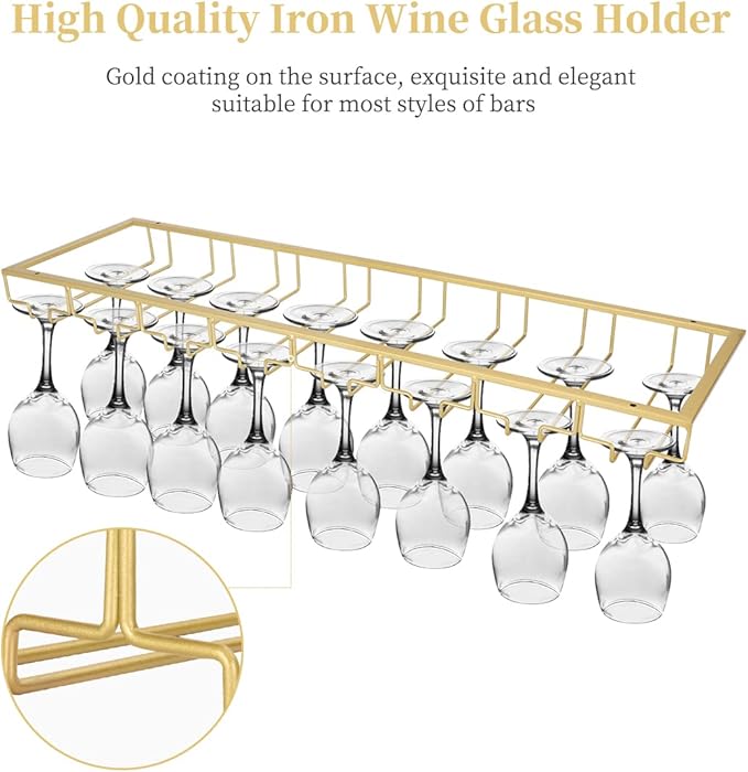 Xverycan Wine Glass Rack Under Cabinet, 8 Row Extreme Large Stemware Hanger, Metal Wine Goblet Holder, DIY Bar Glass Storage Rack for Bar Counter, Kitchen, Screws Included (Gold)