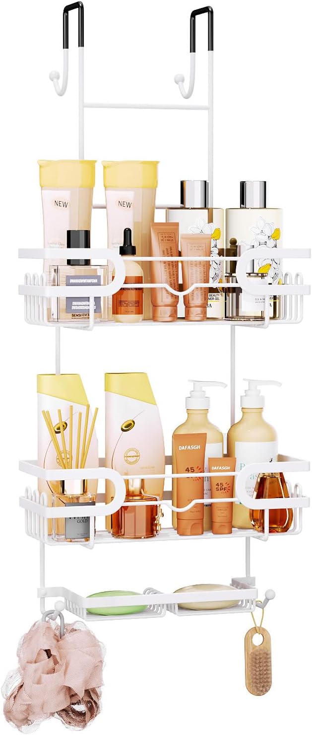 SWTYMIKI Over The Door Shower Caddy With Double Soap Holder, Hanging Shower Caddy With 16 Hooks, No Drilling Hanging Shower Organizer Over Door To Organize Bathroom Essentials, White