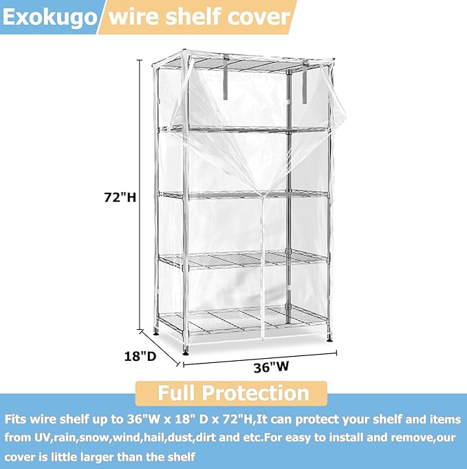 Wire Shelf Cover,600D Heavy Duty 100% Waterproof Shelf Covers for Wire Shelving,Outdoor Storage Shelves Cover for Metal Rack,36 W x 18" D x 72" H,Clear