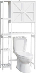 Bamboo Over The Toilet Storage, Above Toilet Organizer Storage Shelf, Tall Freestanding Behind Toilet Rack, Tiered Bathroom Space Saver Shelving, Easy Assembly (White)