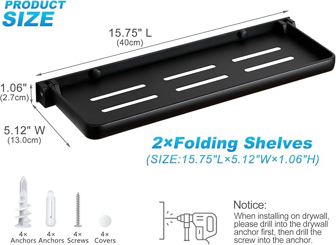 Folding Wall Shelf for Bathroom | 2-Tier Folding Metal Shelves | 90° Fold Up | Wall Mounted Drop Down Floating Shelf for Rv, Laundry Room, Toilet Room, Waterproof(2-Pack, Black)