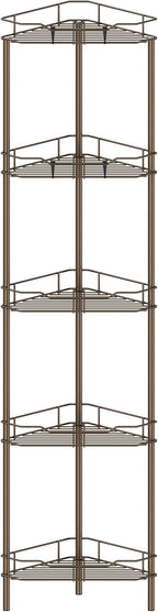 5 Tier Floor Standing Corner Shower Caddy Organizer Shelf with Hooks, Bathroom Shelves Stand Rack, Bronze