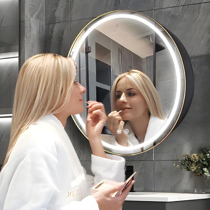 28inch Round Medicine Cabinet with Lights,Led Medicine Cabinet with Defogger,Illuminated Mirror Cabinet for Bathroom,Dimmable,Anti-Fog,3 Colors,Surface Mount Only