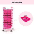 Storage Cart, Rolling Utility Cart with 10 Drawers, Portable Handles & Lockable Wheels, Mobile Paper Toys Storage Organizer Large Capacity for Home Office School Teacher (Hot Pink)