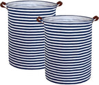ESSME 2pack Kids Laundry Hamper,Boys laundry basket,Collapsible Bule storage basket with Waterproof PE Coating,Canvas Fabric Nursery Hamper for Kids Room Decor,Toy storage,Gift,Baby Clothing.(2pack Navy Blue stripes)