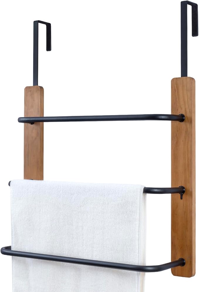 MyGift Over The Door Towel Rack for Bathroom, Rustic Solid Burnt Wood Towel Storage Organizer, 3 Tier Matte Black Metal Towel Bar, Space Saving Bathroom Door Hanging Towel Holder