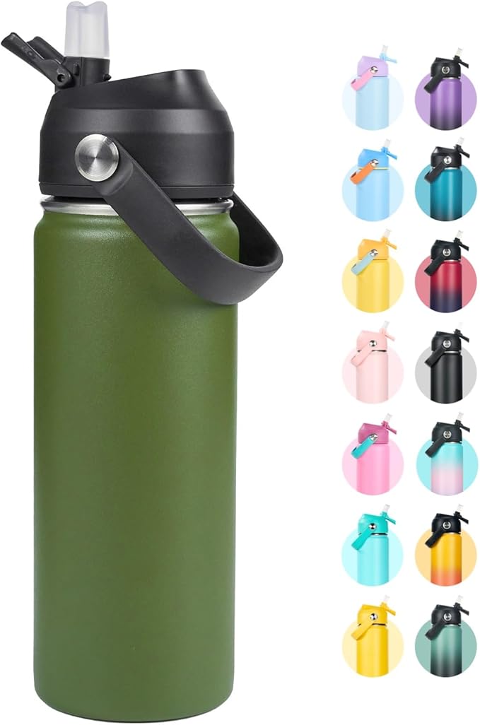 18oz Insulated Stainless Steel Water Bottle, Wide Mouth Double Wall Vacuum, Silicone Straw, Sweat & Leak Proof, BPA Free Insulated Water Flask for Travel, Keep Cold 24h Hot 12h, Green
