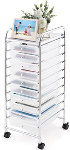 GOFLAME 10-Drawer Rolling Storage Drawer Cart, Utility Cart with Removable Drawers & Metal Frame, Mobile Art Craft Drawer Cart with Lockable Wheels for Home, Office, Studio, School, Clear