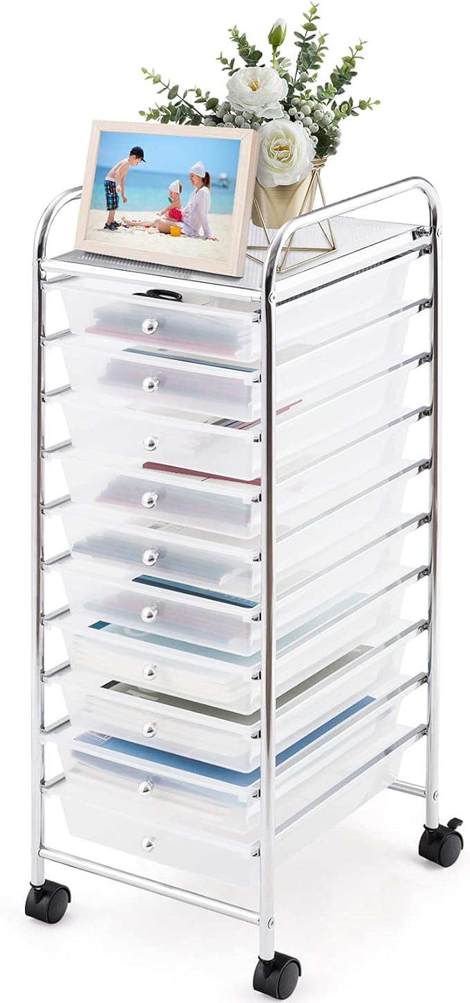 GOFLAME 10-Drawer Rolling Storage Drawer Cart, Utility Cart with Removable Drawers & Metal Frame, Mobile Art Craft Drawer Cart with Lockable Wheels for Home, Office, Studio, School, Clear