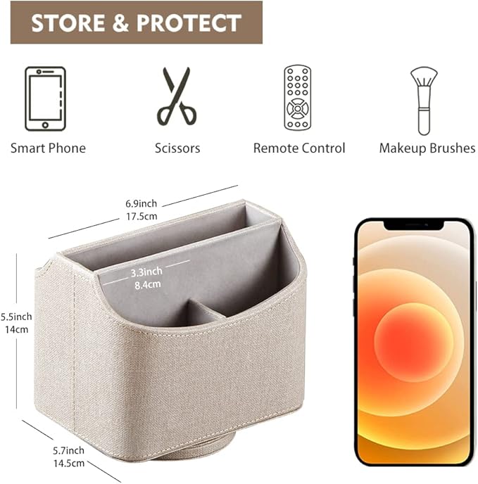 Fanousy 360° Rotating Remote Control Holder, PU Leather TV Remote Caddy Organizer Basket Storage Box with 5 Compartments for Pen, Pencil, Art Supplies, Makeup Brush, Office Desk Table Accessories