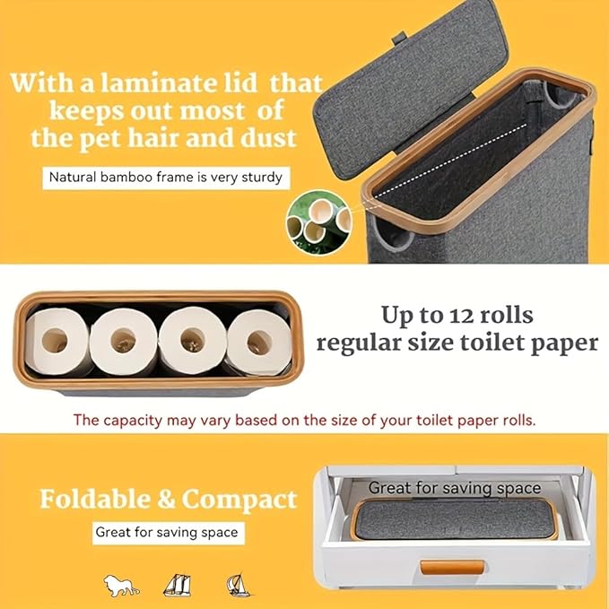 Toilet Paper Storage Basket, Oxford Cloth Papers Container with Lid, Medium Toilets Holder for Up to 12 Regular or 9 Mega Rolls, Organizer for Bathroom, Waterproof, Beige, 1 Pack (Grey)