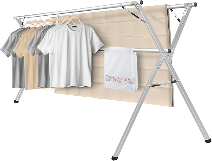 Sarahipe Sillars Clothes Drying Rack, 63 inches Laundry Drying Rack Clothing Foldable & Collapsible Stainless Steel Heavy Duty Clothing Drying Rack with Windproof Hooks for Indoor Outdoor