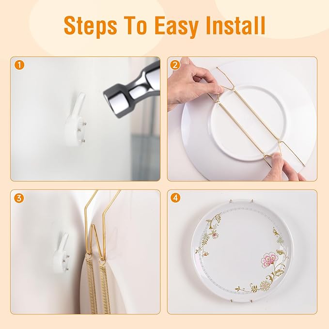 5 Pack Plate Hangers for The Wall, Suitable for 4-5 inch Art Plate, Stainless Steel Invisible Heavy Duty Wire Plate Holder with Wall Hooks, Plate Hangers for Displaying Plates, Platter, Dish, Gold