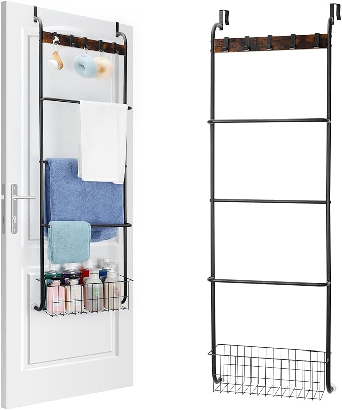 Over The Door Towel Racks for Bathroom,5-Tier Door Towel Holder with Hooks and Basket,Over The Door Towel Bar Hanger Organizer for Bathroom Bedroom Accessories, Blanket Ladder for Living Room Black