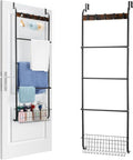 Over The Door Towel Racks for Bathroom,5-Tier Door Towel Holder with Hooks and Basket,Over The Door Towel Bar Hanger Organizer for Bathroom Bedroom Accessories, Blanket Ladder for Living Room Black