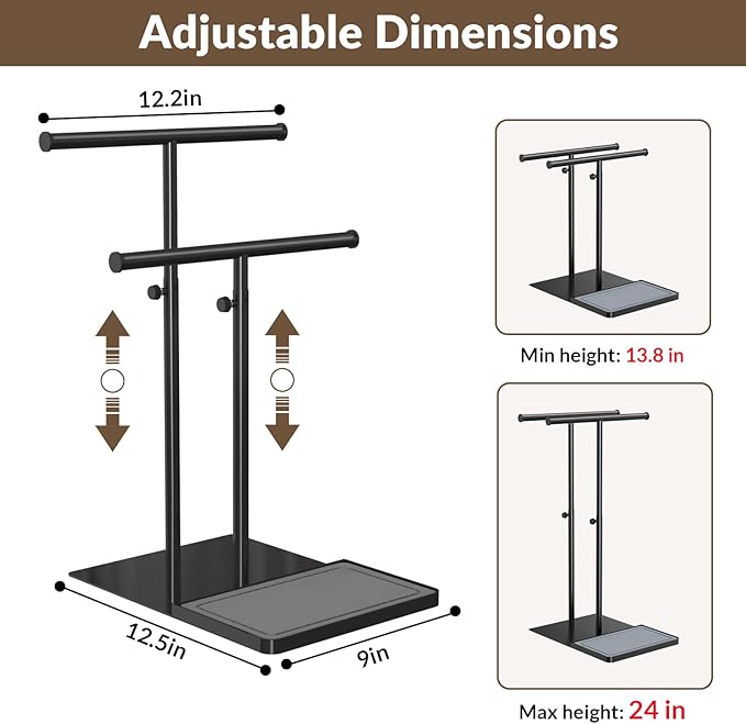 NADAMOO Towel Holder Stand with Stone Drying Tray, Adjustable Height 13.8"-24" Extra Tall for Countertop, Wide Stable Base, Rustproof Black Metal, Double Bar Hand Towel Rack for Bathroom & Kitchen