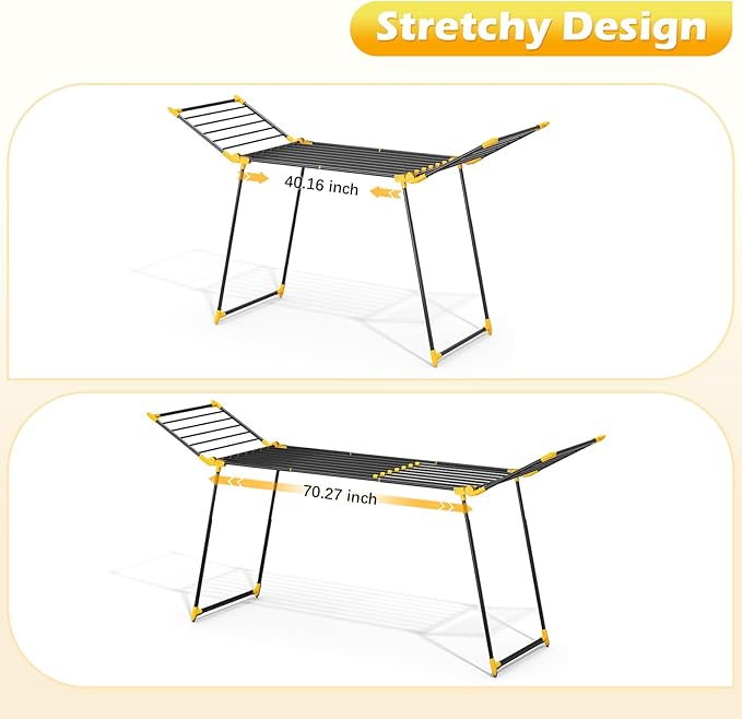 APEXCHASER Clothes Drying Rack Foldable, Large Drying Rack Clothing Retractable, Metal Clothes Airer for Bedding Towel Sweater Heavy Duty, Indoor Outdoor Use, 21.9"W x 100"L x 39"H, No Assembly,Yellow
