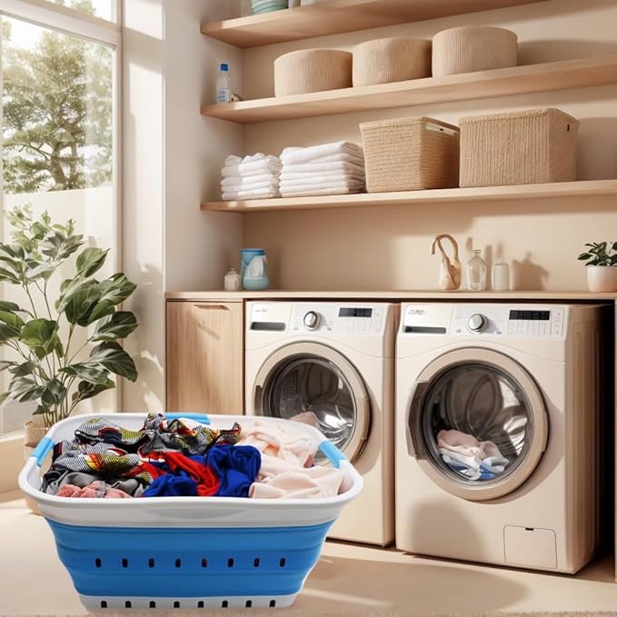 SAMMART 42L (11 gallon) Collapsible Plastic Laundry Basket - Foldable Pop Up Storage Container/Organizer - Space Saving Hamper/Basket (1, White/Marine Blue)