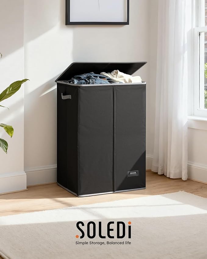 SOLEDI Laundry Hamper with Lid 130L Large & Tall Collapsible Laundry Basket, Clothes Hamper with Bag Removable Easy to Carry, Dirty Hampers for Bedroom, Bathroom, Dorm, College, Black